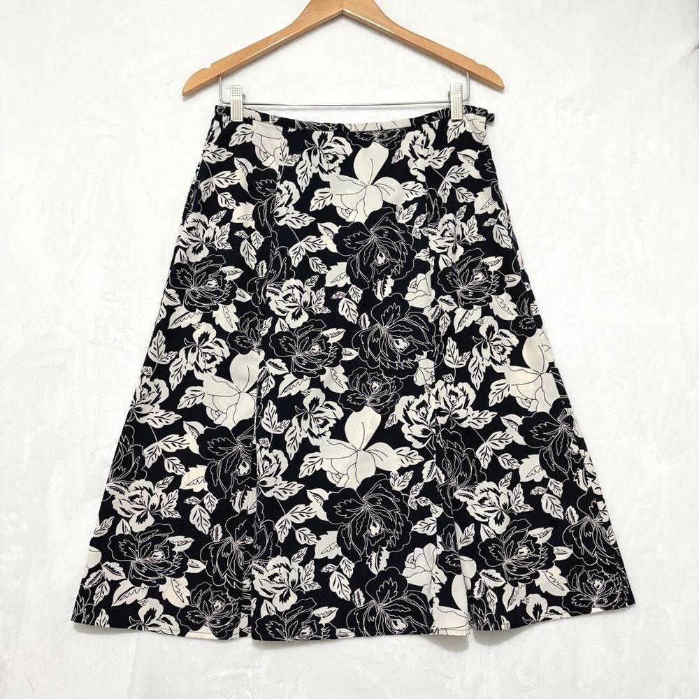 Rena Rowan Midi Skirt Dark Navy Cream Floral A-Line Sz 10 Classic Preppy Cottage